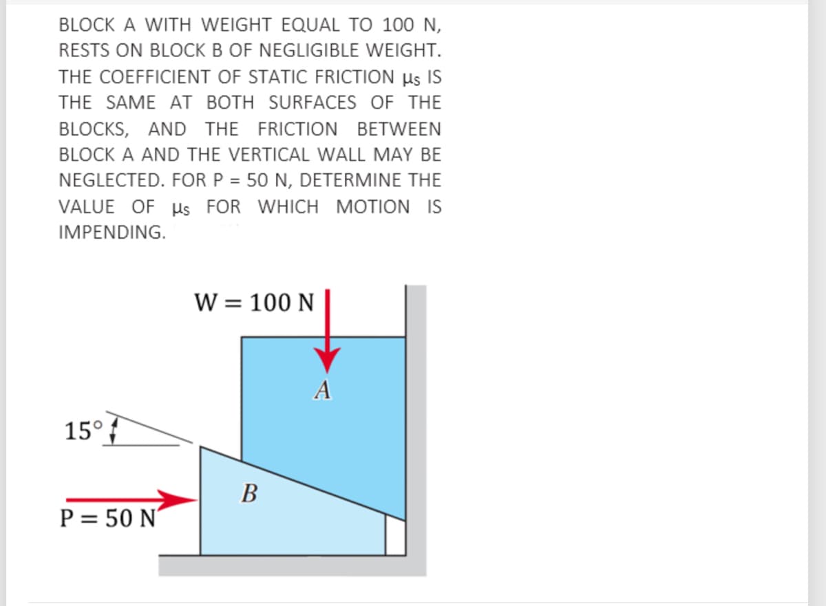 BLOCK A WITH WEIGHT EQUAL TO 100 N,
RESTS ON BLOCK B OF NEGLIGIBLE WEIGHT.
THE COEFFICIENT OF STATIC FRICTION µs IS
THE SAME AT BOTH SURFACES OF THE
BLOCKS, AND THE FRICTION BETWEEN
BLOCK A AND THE VERTICAL WALL MAY BE
NEGLECTED. FOR P = 50 N, DETERMINE THE
VALUE OF Hs FOR WHICH MOTION IS
IMPENDING.
W = 100 N
A
15°?
В
P = 50 N°
