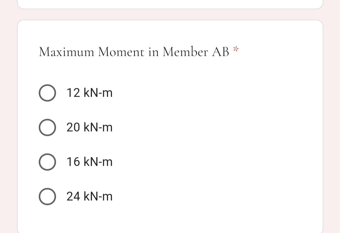 Maximum Moment in Member AB
12 kN-m
20 kN-m
16 kN-m
24 kN-m
