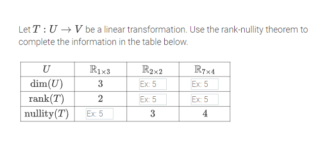 **Linear Transformation and the Rank-Nullity Theorem**

Let \( T : U \to V \) be a linear transformation. Use the rank-nullity theorem to complete the information in the table below.

| \( U \)      | \( \mathbb{R}_{1 \times 3} \) | \( \mathbb{R}_{2 \times 2} \) | \( \mathbb{R}_{7 \times 4} \) |
|--------------|----------------|----------------|----------------|
| \(\dim(U)\)   | 3              | Ex: 5          | Ex: 5          |
| \(\text{rank}(T)\) | 2              | Ex: 5          | Ex: 5          |
| \(\text{nullity}(T)\) | Ex: 5          | 3              | 4              |

**Explanation:**

- **\(\dim(U)\)**: Represents the dimension of the vector space \( U \).
- **\(\text{rank}(T)\)**: Represents the rank of the linear transformation \( T \).
- **\(\text{nullity}(T)\)**: Represents the nullity of the linear transformation \( T \).

The Rank-Nullity Theorem states:
\[
\dim(U) = \text{rank}(T) + \text{nullity}(T)
\]

Use this theorem to solve for the missing values in the table as labeled "Ex: 5."