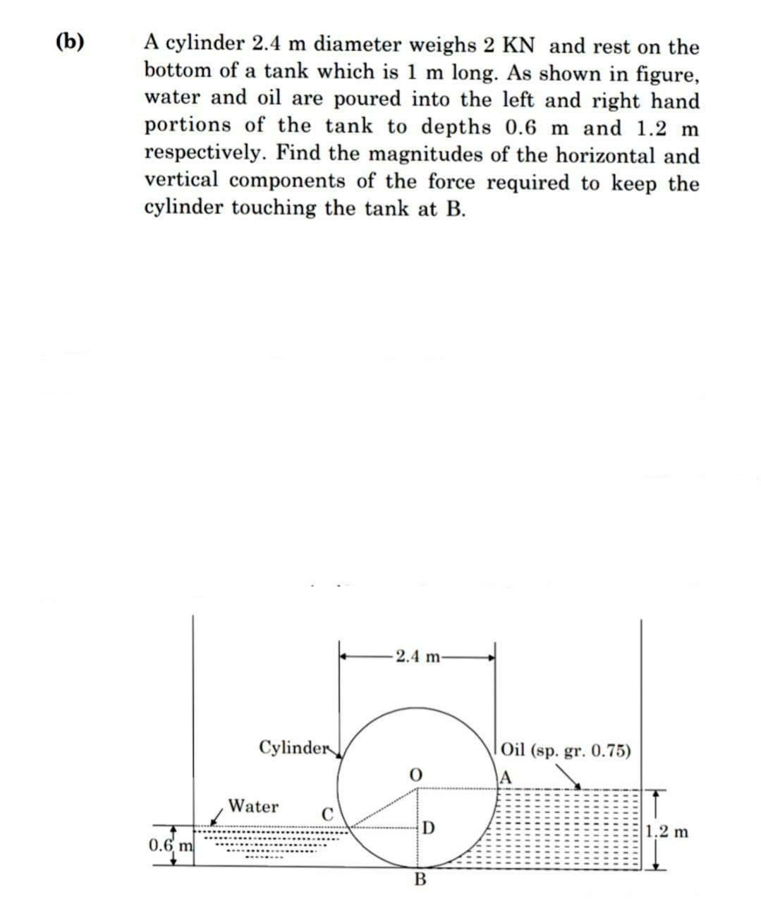 (b)
A cylinder 2.4 m diameter weighs 2 KN and rest on the
bottom of a tank which is 1 m long. As shown in figure,
water and oil are poured into the left and right hand
portions of the tank to depths 0.6 m and 1.2 m
respectively. Find the magnitudes of the horizontal and
vertical components of the force required to keep the
cylinder touching the tank at B.
0.6 m
Cylinder
Water
2.4 m-
D
B
Oil (sp. gr. 0.75)
A
T
1.2 m