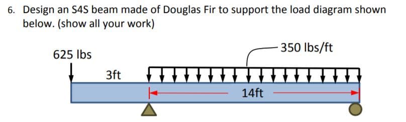 6. Design an S4S beam made of Douglas Fir to support the load diagram shown
below. (show all your work)
350 Ibs/ft
625 Ibs
3ft
14ft
