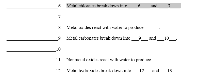 6
Metal chlorates break down into
6
and
7
7
8
Metal oxides react with water to produce
Metal carbonates break down into
and
10:
10
11
Nonmetal oxides react with water to produce
12
Metal hydroxides break down into
12 and 13_.
