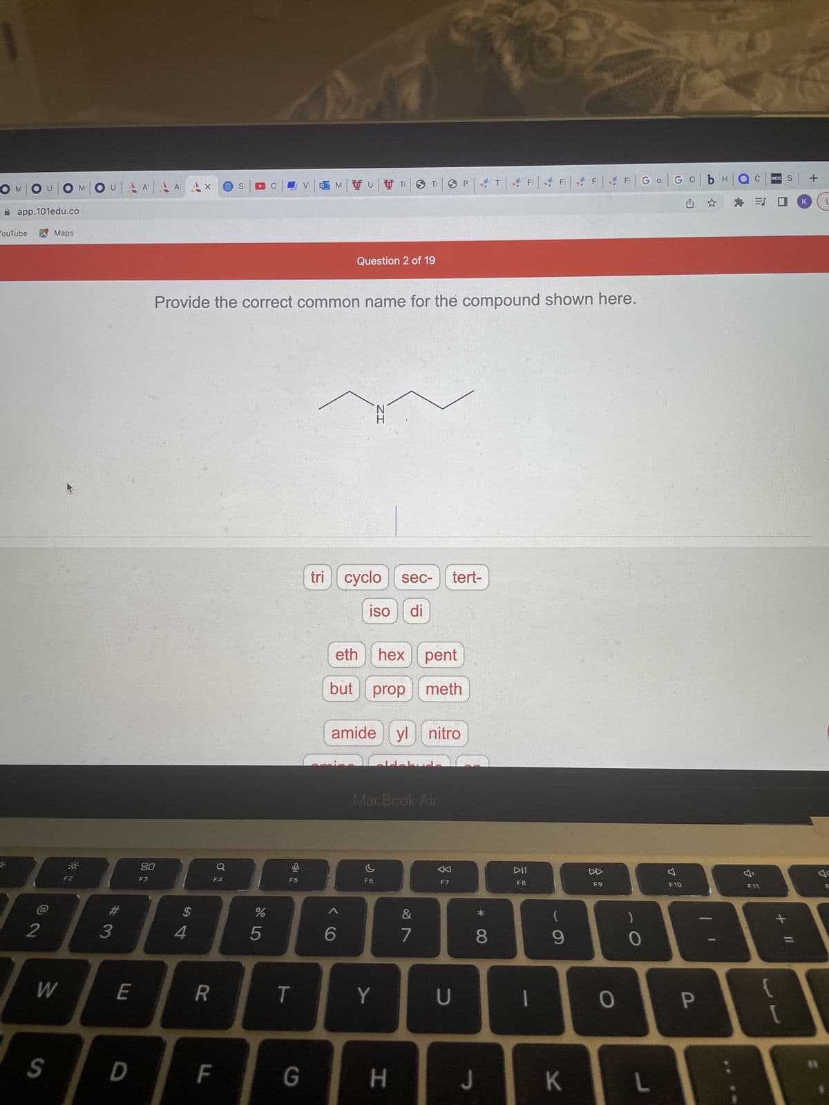 OM O
COMO
app.101edu.co
Maps
YouTube
O
2
W
S
F2
#
3
AA |
S
TUTTI | 3 TI
Question 2 of 19
Provide the correct common name for the compound shown here.
E
D
80
F3
A
$
4
X
R
F
F4
do 5
%
C
뽀
T
G
6
ZI
tri cyclo sec- tert-
iso di
eth
hex pent
but prop meth
amide yl nitro
MacBook Air
F6
Y
H
&
7
F7
P
U
* 0
DII
F8
8
I
J
1
9
K
F9
O
Go Gob Hac
☆
0
L
F10
P
&
HCC S
= 0 K
F11
+ 11
[
+
7