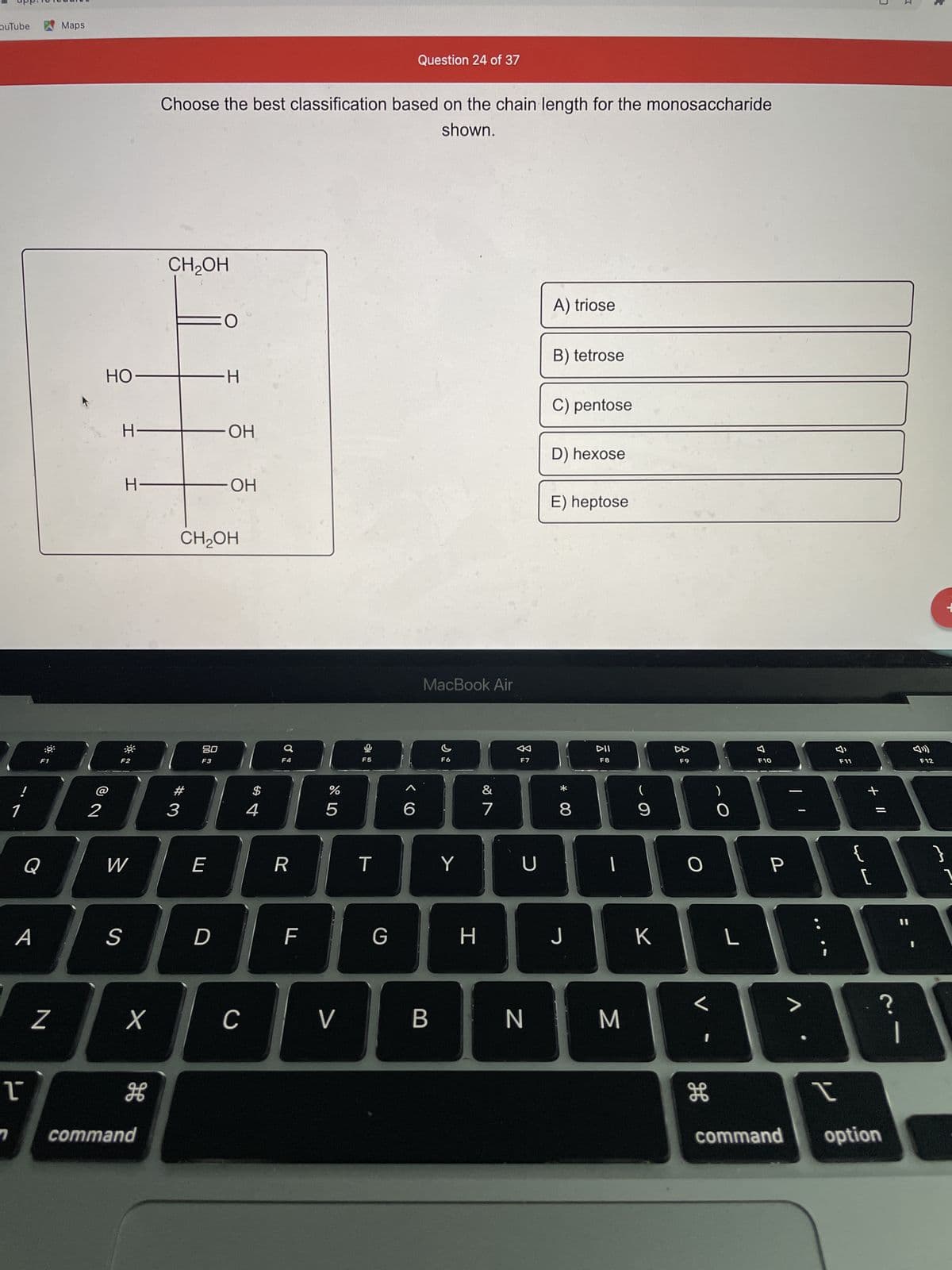 ouTube
!
1
7
T
Q
A
N
Maps
2
HO
H
H
F2
W
S
X
H
command
Choose the best classification based on the chain length for the monosaccharide
shown.
CH₂OH
#3
-H
80
F3
E
O
CH2OH
D
OH
OH
C
$
4
F4
R
F
%
5
V
F5
T
G
Question 24 of 37
6
MacBook Air
B
F6
Y
H
7
F7
U
N
A) triose
B) tetrose
C) pentose
D) hexose
E) heptose
* 00
8
J
DII
F8
M
(
9
K
F9
O
<
O
H
L
F10
P
7
G
F11
۔۔
{
+ 11
[
I
command option
0
3
|
F12
R
1
}
1
