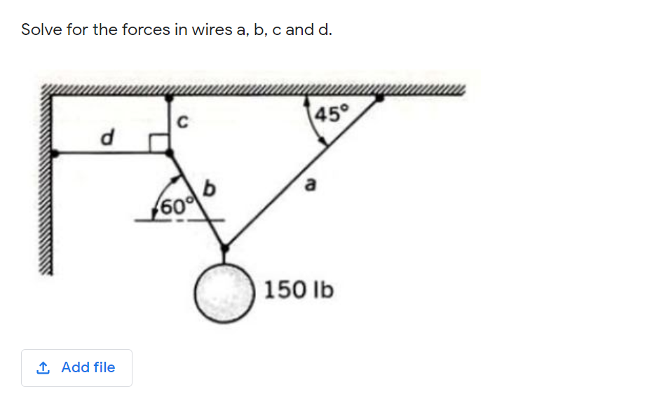 Solve for the forces in wires a, b, c and d.
C
45°
606
150 lb
1 Add file
