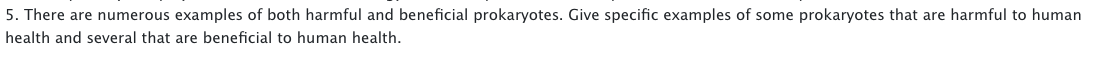 5. There are numerous examples of both harmful and beneficial prokaryotes. Give specific examples of some prokaryotes that are harmful to human
health and several that are beneficial to human health.
