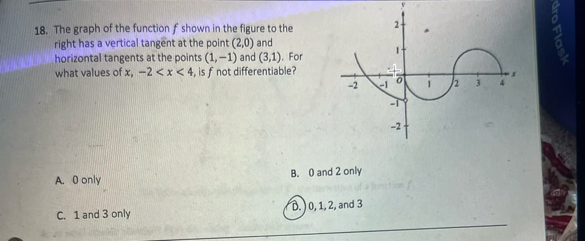 18. The graph of the function f shown in the figure to the
right has a vertical tangent at the point (2,0) and
horizontal tangents at the points (1,-1) and (3,1). For
what values of x, -2<x< 4, is f not differentiable?
A. 0 only
C. 1 and 3 only
B. 0 and 2 only
D.) 0, 1, 2, and 3
1:
-²+
2
3
dro Flask