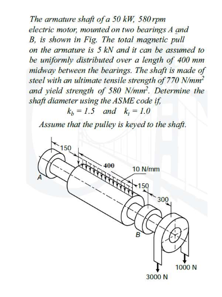 The armature shaft of a 50 kW, 580rpm
electric motor, mounted on two bearings A and
B, is shown in Fig. The total magnetic pull
on the armature is 5 kN and it can be assumed to
be uniformly distributed over a length of 400 mm
midway between the bearings. The shaft is made of
steel with an ultimate tensile strength of 770 N/mm?
and yield strength of 580 N/mm. Determine the
shaft diameter using the ASME code if,
k = 1.5 and k, = 1.0
Assume that the pulley is keyed to the shaft.
150
400
10 N/mm
150
300
B
1000 N
3000 N
