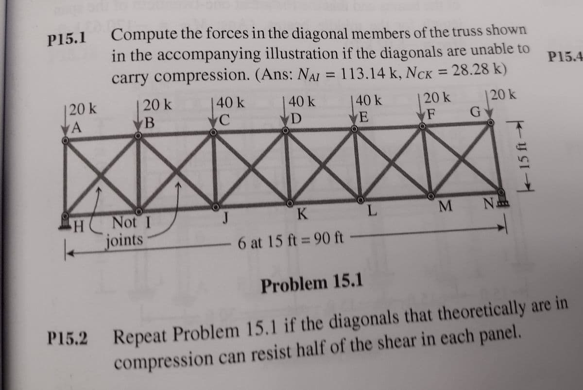 Compute the forces in the diagonal members of the truss shown
in the accompanying illustration if the diagonals are unable to
carry compression. (Ans: NAI = 113.14 k, NCK = 28.28 k)
P15.1
P15.4
%3D
| 20 k
A
20 k
40k
40k
40k
20 k
120k
B
C
D
E
F
L.
M
N.
H Not I
joints
J
6 at 15 ft 90 ft
Problem 15.1
Repeat Problem 15.1 if the diagonals that theoretically are in
compression can resist half of the shear in each panel.
P15.2
K15 ft→
