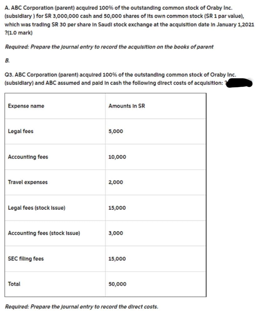 A. ABC Corporation (parent) acquired 100% of the outstanding common stock of Oraby Inc.
(subsidiary) for SR 3,000,000 cash and 50,000 shares of Its own common stock (SR 1 par value),
which was trading SR 30 per share in Saudi stock exchange at the acquisition date in January 1,2021
?(1.0 mark)
Required: Prepare the journal entry to record the acquisition on the books of parent
B.
Q3. ABC Corporation (parent) acquired 100% of the outstanding common stock of Oraby Inc.
(subsidiary) and ABC assumed and paid In cash the following direct costs of acquisition:
Expense name
Legal fees
Accounting fees
Travel expenses
Legal fees (stock Issue)
Accounting fees (stock Issue)
SEC filing fees
Total
Amounts In SR
5,000
10,000
2,000
15,000
3,000
15,000
50,000
Required: Prepare the Journal entry to record the direct costs.