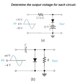 +4 V
Determine the output voltage for each circuit:
+30 V
Vin ov
-30 V
Vin 0-
-4 V
C
ņ
(b)
ww
2.2 k
12V
(a)
www
41₁
R Vout
Vout