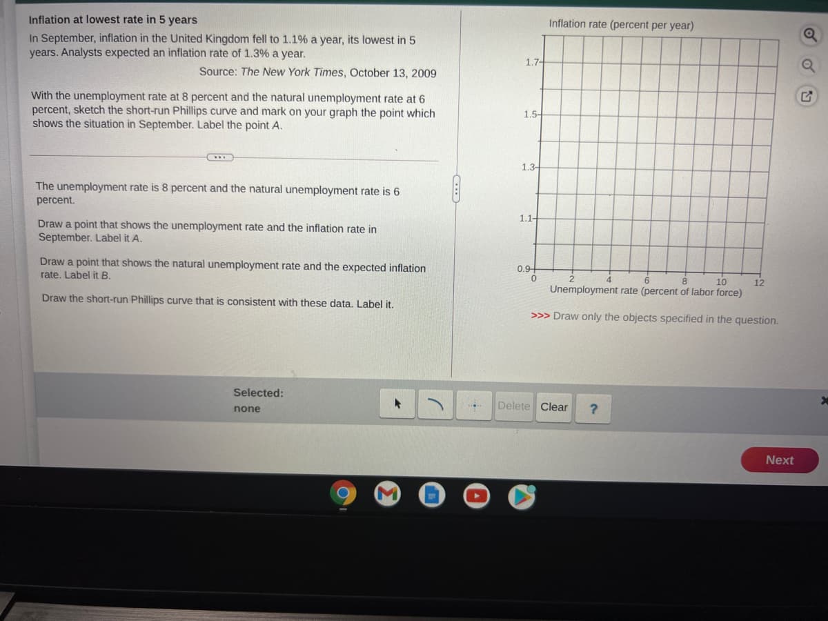 Inflation at lowest rate in 5 years
Inflation rate (percent per year)
In September, inflation in the United Kingdom fell to 1.1% a year, its lowest in 5
years. Analysts expected an inflation rate of 1.3% a year.
1.7-
Source: The New York Times, October 13, 2009
With the unemployment rate at 8 percent and the natural unemployment rate at 6
percent, sketch the short-run Phillips curve and mark on your graph the point which
shows the situation in September. Label the point A.
1.5-
1.3-
The unemployment rate is 8 percent and the natural unemployment rate is 6
percent.
1.1-
Draw a point that shows the unemployment rate and the inflation rate in
September. Label it A.
Draw a point that shows the natural unemployment rate and the expected inflation
0.9
rate. Label it B.
10
12
Unemployment rate (percent of labor force)
Draw the short-run Phillips curve that is consistent with these data. Label it.
>>> Draw only the objects specified in the question.
Selected:
Delete Clear
none
Next
