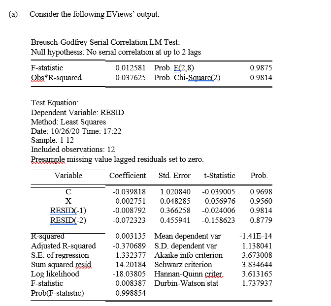 (a)
Consider the following EViews' output:
Breusch-Godfrey Serial Correlation LM Test:
Null hypothesis: No serial correlation at up to 2 lags
F-statistic
0.012581 Prob. F(2,8)
0.037625 Prob. Chi-Square(2)
0.9875
Qbs*R-squared
0.9814
Test Equation:
Dependent Variable: RESID
Method: Least Squares
Date: 10/26/20 Time: 17:22
Sample: 1 12
Included observations: 12
Presample missing value lagged residuals set to zero.
Variable
Coefficient
Std. Error
t-Statistic
Prob.
-0.039818
1.020840
-0.039005
0.9698
0.002751
0.048285
0.056976
0.9560
RESID(-1)
RESID(-2)
-0.008792
0.366258
-0.024006
0.9814
-0.072323
0.455941
-0.158623
0.8779
0.003135 Mean dependent var
-0.370689 S.D. dependent var
1.332377 Akaike info criterion
R-squared
Adjusted R-squared
S.E. of regression
Sum squared resid
Log likelihood
F-statistic
-1.41E-14
1.138041
3.673008
14.20184 Schwarz criterion
-18.03805 Hannan-Quinn criter,
0.008387 Durbin-Watson stat
3.834644
3.613165
1.737937
Prob(F-statistic)
0.998854
