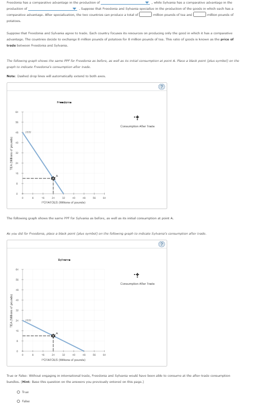 Freedonia has a comparative advantage in the prodution of
while Sylvania has a comparative advantage in the
production of
v. Suppose that Froedonia and Sylvania specialioe in the production of the goods in which each has a
comparative advantage. Alter specialication, the two countries can produce a total of
million pounds of tea and
million pounds of
potatoes.
Suppose that Freedonia and Sylvania agree to trade. Each country focuses its resources on producing anly the good in which it has a comparative
advantage. The countries decide to exchange 8 million pounds of potatoes for 8 milion pounds of tea. This ratio of goods is known as the price of
trade between freedoria and Siylvania.
The following graph shows the same PPF for Freedonia as bafare, as well as as intial consumption at paint A Place a black point (alus symbal) on the
Graph to indicate Froadonia's consumptian ater trade.
Note: Dashed drop lines will automatically extend to both axes.
Freedor
Conumplion Aler Irad
24 22 a
POTAIOES (Mra of pounda)
The following graph shows the same PF for Sylvania as before, as well as its initial consumption at point A.
As you did far Fredonia, place a black paint (plus symbal) an the following graph to indicate Sylvania's consumption ater trade.
Sylrana
Consumplion Alar Irade
40
24
24
POIAIOES (Mura of pun)
True or Falke: Without engaging in international trade, Freedonia and Sylvania would have been able to consume at the after-trade corsumption
bundles. (Hint: Base this quistion on the answers you previcusly entered on this page.)
O True
O False
Ispunod o wva
TEA MEo o pounds
