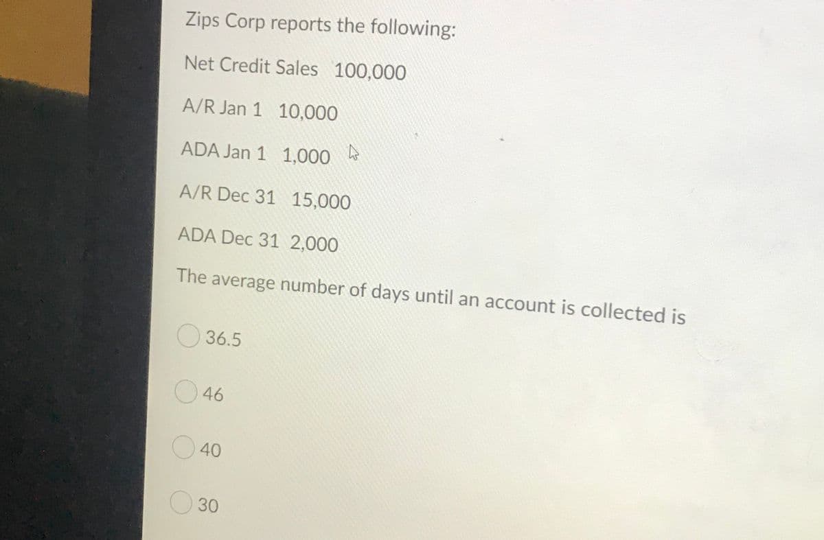 Zips Corp reports the following:
Net Credit Sales 100,000
A/R Jan 1 10,000
ADA Jan 1 1,000
A/R Dec 31 15,000
ADA Dec 31 2,000
The average number of days until an account is collected is
36.5
O46
O40
O 30
