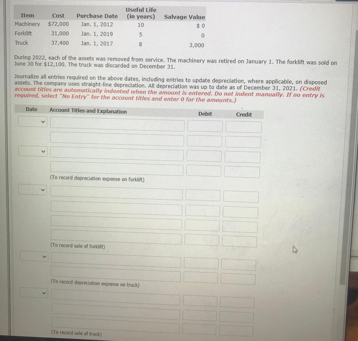 Useful Life
Item
Cost
Purchase Date
(in years)
Salvage Value
Machinery
$72,000
Jan. 1, 2012
10
$ 0
Forklift
31,000
Jan. 1, 2019
Truck
37,400
Jan. 1, 2017
8.
3,000
During 2022, each of the assets was removed from service. The machinery was retired on January 1. The forklift was sold on
June 30 for $12,100. The truck was discarded on December 31.
Journalize all entries required on the above dates, including entries to update depreciation, where applicable, on disposed
assets. The company uses straight-line depreciation. All depreciation was up to date as of December 31, 2021. (Credit
account titles are automatically indented when the amount is entered. Do not indent manually. If no entry is
required, select "No Entry" for the account titles and enter 0 for the amounts.)
Date
Account Titles and Explanation
Debit
Credit
(To record depreciation expense on forklift)
(To record sale of forklift)
(To record depreciation expense on truck)
(To record sale of truck)
<>
