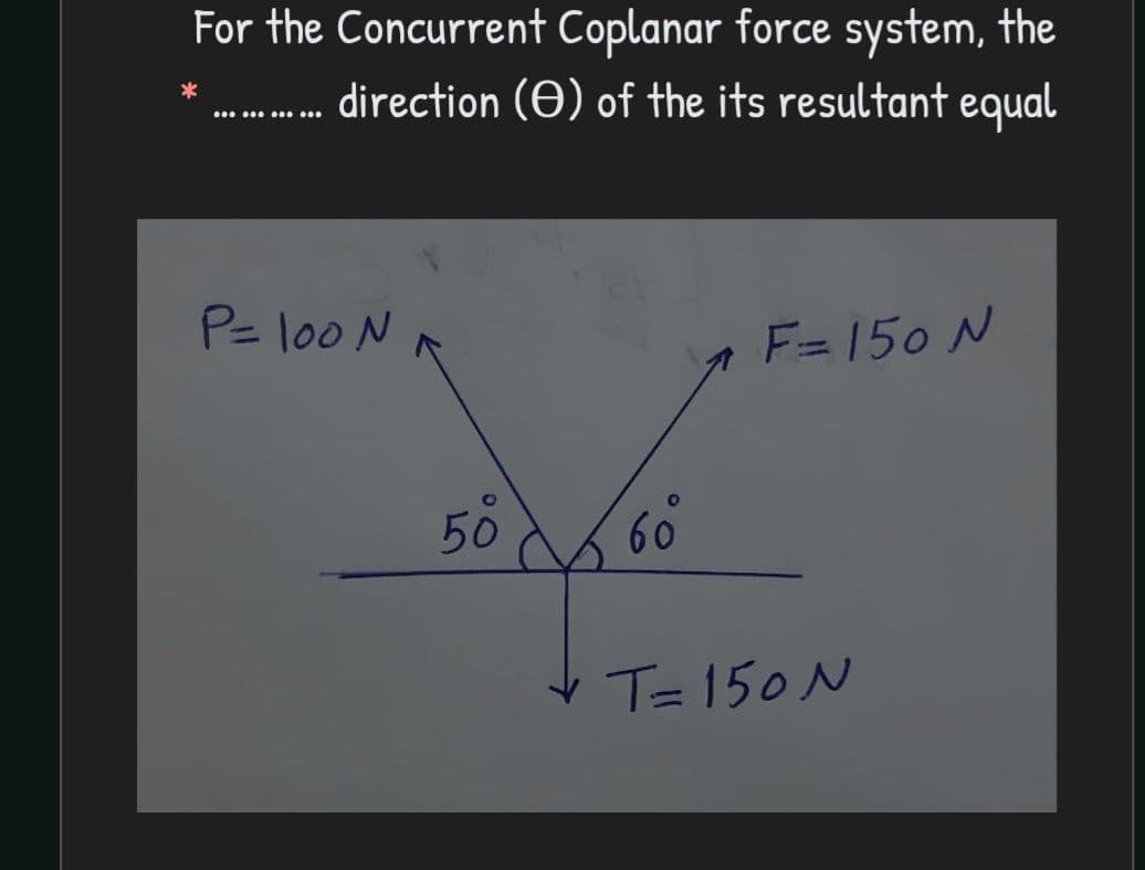 For the Concurrent Coplanar force system, the
. direction (A) of the its resultant equal
P= lo0 N
F=150 N
50 60
T= 150 N
