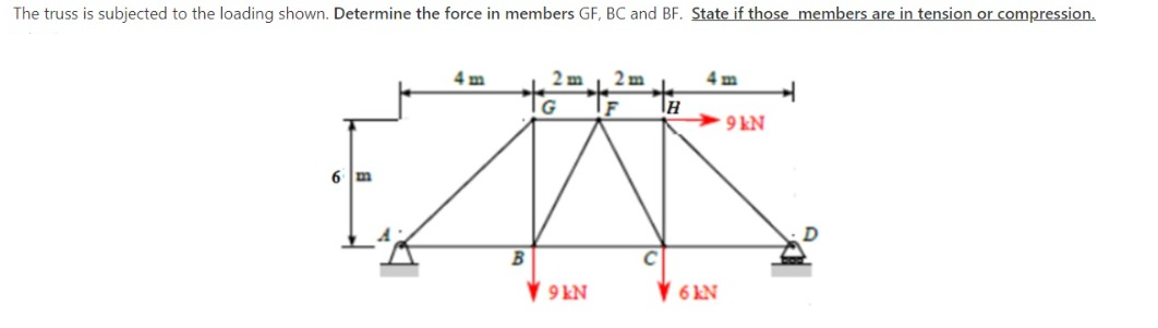 The truss is subjected to the loading shown. Determine the force in members GF, BC and BF. State if those members are in tension or compression.
4 m
2 m
2 m
>9 kN
6 m
V 6 kN
NI6 A
