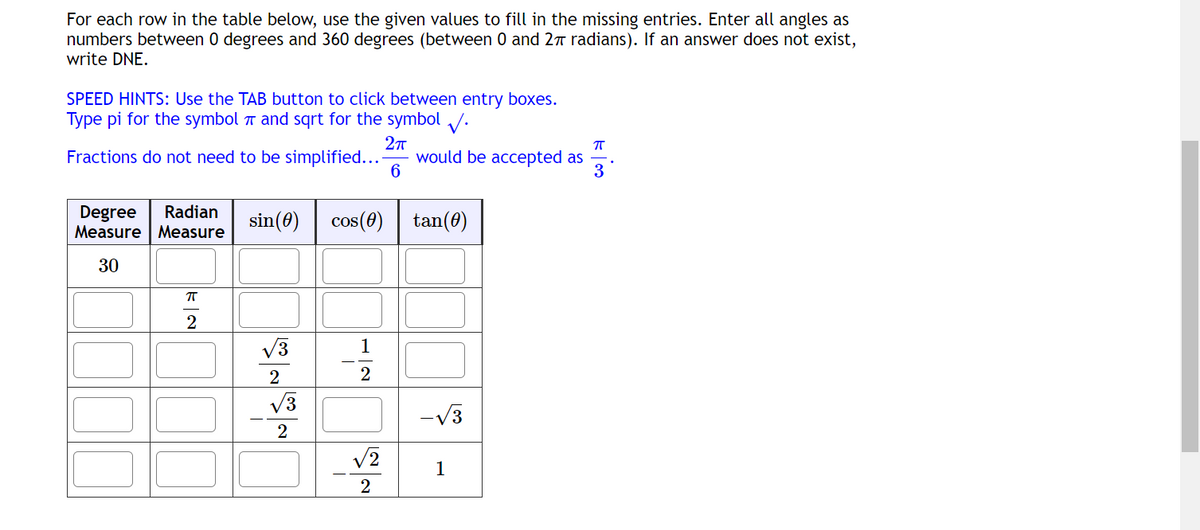 For each row in the table below, use the given values to fill in the missing entries. Enter all angles as
numbers between 0 degrees and 360 degrees (between 0 and 2 radians). If an answer does not exist,
write DNE.
SPEED HINTS: Use the TAB button to click between entry boxes.
Type pi for the symbol and sqrt for the symbol ✓✓.
2πT
6
ㅠ
Fractions do not need to be simplified.... would be accepted as
3
Degree Radian sin (0)
Measure Measure
30
ㅠ
2
√√3
2
√3
2
cos(0) tan(0)
1
2
√2
2
-√3
1