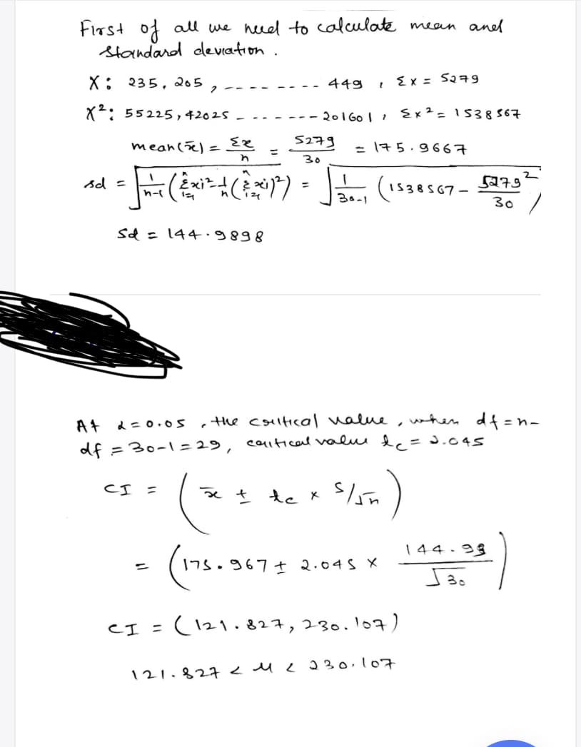 First of all we neued to calculate mean anel
Standard deviation.
X: 235, 205
Ex = S279
449
X2: 55225,42025
201G0 I Ex² = 1538567
5279
mean(ãe) =
in
= 175.9667
%3D
30
sd =
(1538567-
n-s
30
Sd = 144
2= 0.05
,the colltical value
when df=n-
caitical valu dc=.045
df =30-1 = 29,
CI =
te x in
144.98
175.967 + 2.04S X
CI = (121.· 827,230.107)
121.82 <uc 230.107
