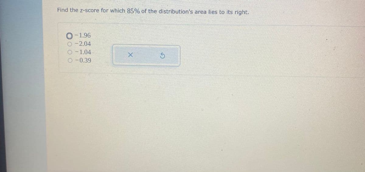 Find the z-score for which 85% of the distribution's area lies to its right.
O-1.96
O-2.04
O-1.04
O-0.39
