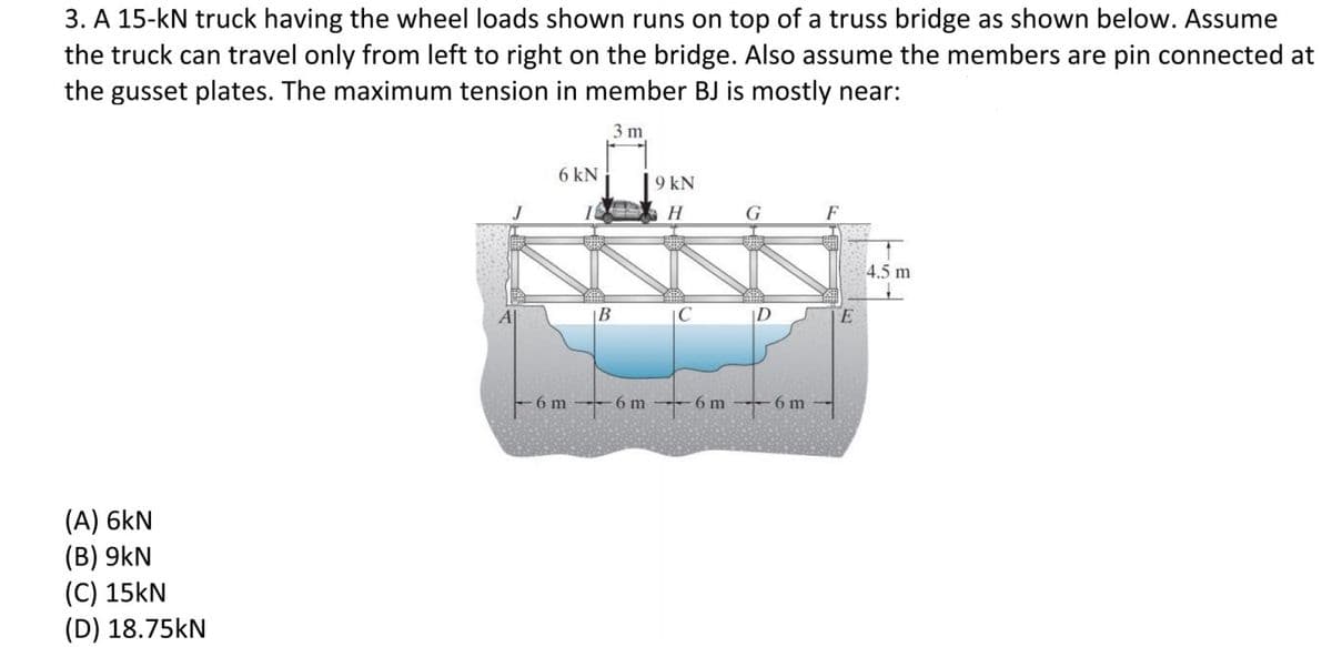 3. A 15-kN truck having the wheel loads shown runs on top of a truss bridge as shown below. Assume
the truck can travel only from left to right on the bridge. Also assume the members are pin connected at
the gusset plates. The maximum tension in member BJ is mostly near:
3 m
6 kN
19 kN
Н
G
F
4.5 m
A|
|B
|D
E
6 m
6 m
6 m
6 m
(A) 6kN
(B) 9kN
(C) 15kN
(D) 18.75kN
