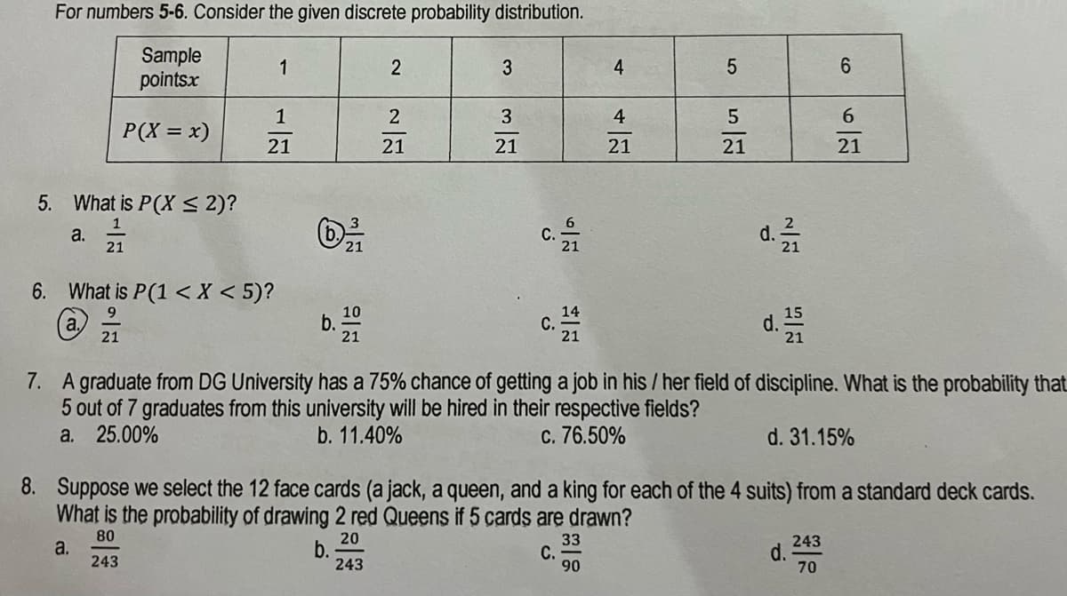 For numbers 5-6. Consider the given discrete probability distribution.
Sample
pointsx
1
2
4
1
3
4
P(X = x)
21
21
21
21
21
21
5. What is P(X < 2)?
a.
21
d.
21
6. What is P(1 < X < 5)?
10
b.
21
14
c.
21
d.
7. A graduate from DG University has a 75% chance of getting a job in his / her field of discipline. What is the probability that
5 out of 7 graduates from this university will be hired in their respective fields?
25.00%
a.
b. 11.40%
C. 76.50%
d. 31.15%
8. Suppose we select the 12 face cards (a jack, a queen, and a king for each of the 4 suits) from a standard deck cards.
What is the probability of drawing 2 red Queens if 5 cards are drawn?
80
20
a.
243
33
С.
90
243
d.
70
243
3.
