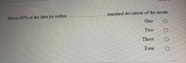 standard deviation of the mean
About 68% of the data lie within.
One
Two
Three
Four
O O O O
