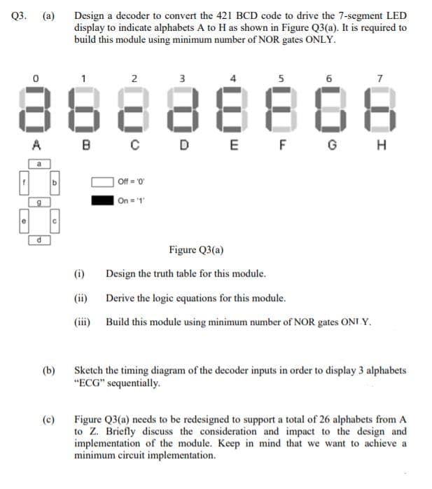 Design a decoder to convert the 421 BCD code to drive the 7-segment LED
display to indicate alphabets A to H as shown in Figure Q3(a). It is required to
build this module using minimum number of NOR gates ONLY.
Q3.
(a)
2
3
5
6
7
8888866
A
B C
DE F G H
a
| Off = "0
On = '1
e
P.
Figure Q3(a)
(i)
Design the truth table for this module.
(ii)
Derive the logic equations for this module.
(iii) Build this module using minimum number of NOR gates ONI Y.
Sketch the timing diagram of the decoder inputs in order to display 3 alphabets
"ECG" sequentially.
(b)
Figure Q3(a) needs to be redesigned to support a total of 26 alphabets from A
to Z. Briefly discuss the consideration and impact to the design and
implementation of the module. Keep in mind that we want to achieve a
minimum circuit implementation.
(c)
