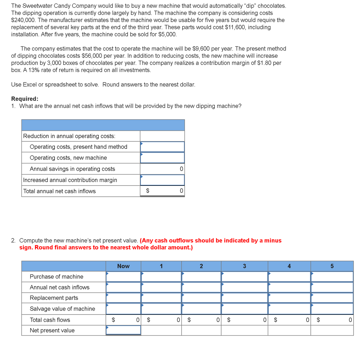 The Sweetwater Candy Company would like to buy a new machine that would automatically "dip" chocolates.
The dipping operation is currently done largely by hand. The machine the company is considering costs
$240,000. The manufacturer estimates that the machine would be usable for five years but would require the
replacement of several key parts at the end of the third year. These parts would cost $11,600, including
installation. After five years, the machine could be sold for $5,000.
The company estimates that the cost to operate the machine will be $9,600 per year. The present method
of dipping chocolates costs $56,000 per year. In addition to reducing costs, the new machine will increase
production by 3,000 boxes of chocolates per year. The company realizes a contribution margin of $1.80 per
box. A 13% rate of return is required on all investments.
Use Excel or spreadsheet to solve. Round answers to the nearest dollar.
Required:
1. What are the annual net cash inflows that will be provided by the new dipping machine?
Reduction in annual operating costs:
Operating costs, present hand method
Operating costs, new machine
Annual savings in operating costs
Increased annual contribution margin
Total annual net cash inflovws
2$
2. Compute the new machine's net present value. (Any cash outflows should be indicated by a minus
sign. Round final answers to the nearest whole dollar amount.)
Now
2
3
4
Purchase of machine
Annual net cash inflows
Replacement parts
Salvage value of machine
Total cash flows
$
2$
2$
이 $
이 $
이 $
Net present value
