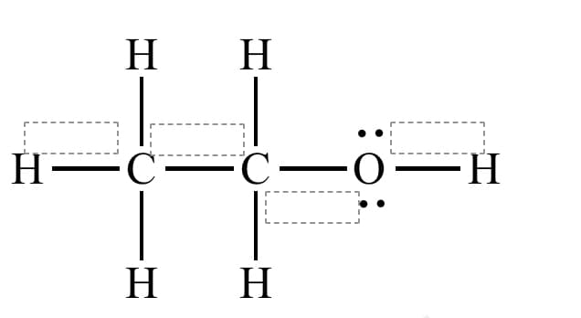 **3D Molecular Model of Ethanol**

This image represents the structural formula of ethanol (C2H6O). Ethanol, also known as ethyl alcohol, is a colorless liquid and a key ingredient in alcoholic beverages. It is also widely used as a solvent and in the fuel industry.

In this diagram, each element is represented by its chemical symbol:
- Black-colored 'C' stands for Carbon
- Blue-colored 'H' stands for Hydrogen
- Red-colored 'O' stands for Oxygen

**Structural Breakdown:**
- **Carbon Atoms (C)**: 
  - There are 2 carbon atoms in the molecule.
  - Each carbon atom is bonded to other atoms via single covalent bonds.
- **Hydrogen Atoms (H)**: 
  - Each carbon atom is bonded to three hydrogen atoms by single bonds.
  - One hydrogen atom is also bonded to the oxygen atom via a single bond.
- **Oxygen Atom (O)**: 
  - The oxygen atom is bonded to one hydrogen atom and one carbon atom.
  - The pair of dots near the oxygen atom symbolizes the lone pairs of electrons that are not involved in bonding.

**Molecular Structure:**
In the 2D graphic representation of ethanol:
- The lines between the atoms represent covalent bonds.
- Each dashed box represents a potential bonding site for atoms or groups of atoms.

In summary, this molecular model showcases ethanol's simple hydrocarbon chain (carbon and hydrogen atoms) and its functional hydroxyl group (OH), highlighting its chemical structure and giving insight into its various uses and properties.