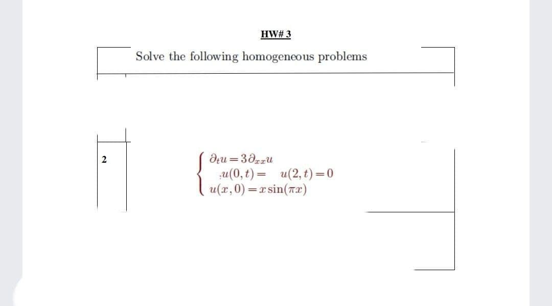 HW# 3
Solve the following homogeneous problems
2
u(0, t) = u(2, t)=0
u(x,0) = r sin(rx)
