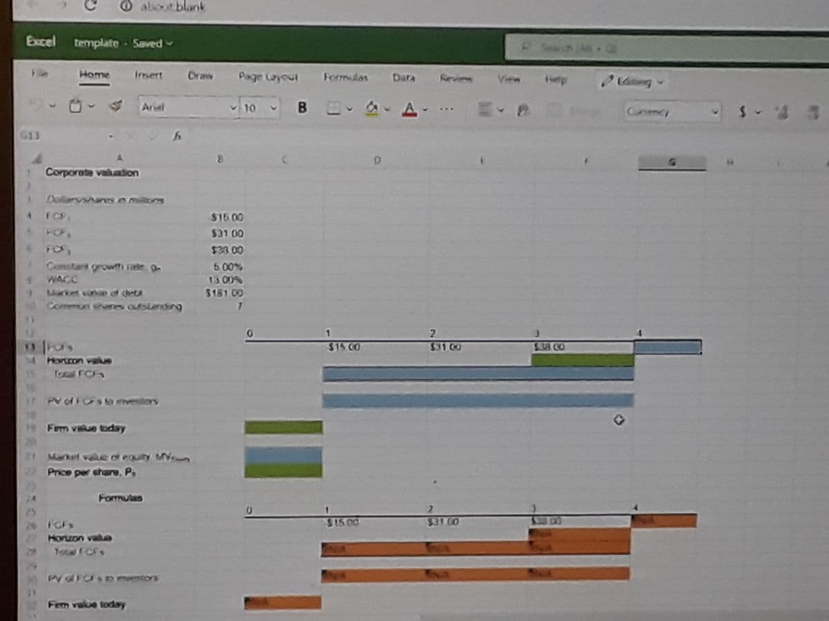 aboot blank
Excel template - Saved -
Sewch A-
Insert
Drass
Page Layout
O Vitimg v
Formlas
Data
View
hep
Arial
10
A-
Curency
G13
A
Corporate valuation
Doliars/harers io milions
4 FOP.
FOR
S416.00
$31 00
$33 00
Constart growih ate -
6.00%
WACC
13 00%
$181 CO
Lieket vanae ad (het
Commun shares outsiandan
2.
$15 00
$31 CO
Tocal FCF
SngeA UOIZNOMH
17
PvofFsbemesiors
Fom velue taday
Aepa onga ui
Market vailue of eouy u
Price per share, P,
24
Formulas
2.
$31 00
25
$15.00
Horizon vala
Youal CFs
SLOUSN CIPM
Firm value today
