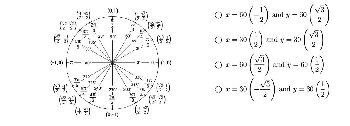 (問)
(六) 5
*2元
<3元 3.
(学)
6 150
(-1,0) 180°
元
6
4, 120° 90°
135⁰
210°
5元
225
240°
4 4T
3
(台灣)
(0,1)
元
13元ㄨ
/4
(0,-1)
60°
270⁰ 300⁰
I
3元
2
45°
30°
330⁰
315°
(0′L)+0—.0
(
~11
70
5T 4x
3,
(
(
(受)
and y = 60
and y =
30
(3)
⑤
1²-1 (¹)
and y = 60
2
(²) (2)
and y = 30
2
x = 60
x = 30
x = 60
x = 30
2
2