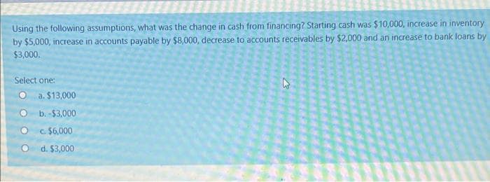 Using the following assumptions, what was the change in cash from financing? Starting cash was $10,000, increase in inventory
by $5,000, increase in accounts payable by $8,000, decrease to accounts receivables by $2,000 and an increase to bank loans by
$3,000.
Select one:
a. $13,000
O b. -$3,000
C. $6,000
d. $3,000
