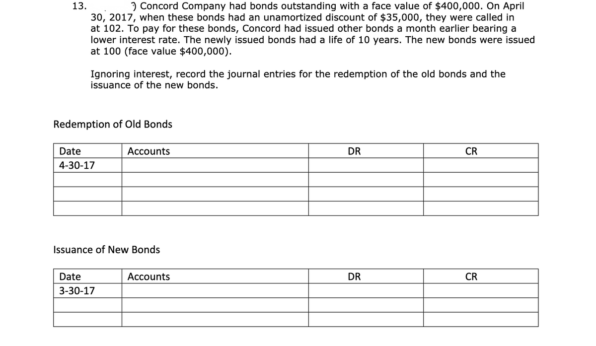 13.
) Concord Company had bonds outstanding with a face value of $400,000. On April
30, 2017, when these bonds had an unamortized discount of $35,000, they were called in
at 102. To pay for these bonds, Concord had issued other bonds a month earlier bearing a
lower interest rate. The newly issued bonds had a life of 10 years. The new bonds were issued
at 100 (face value $400,000).
Ignoring interest, record the journal entries for the redemption of the old bonds and the
issuance of the new bonds.
Redemption of Old Bonds
Date
Accounts
DR
CR
4-30-17
Issuance of New Bonds
Date
Accounts
DR
CR
3-30-17
