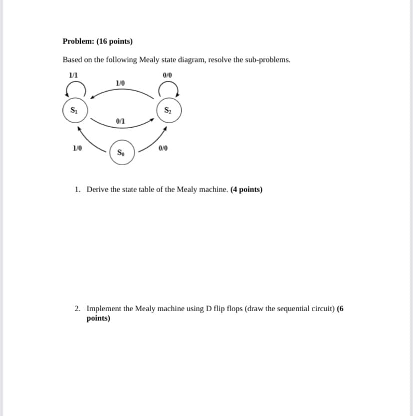 Problem: (16 points)
Based on the following Mealy state diagram, resolve the sub-problems.
0/0
1/0
S1
0/1
1/0
0/0
So
1. Derive the state table of the Mealy machine. (4 points)
2. Implement the Mealy machine using D flip flops (draw the sequential circuit) (6
points)
