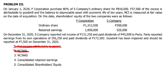 PROBLEM III.
On January 1, 2020, P Corporation purchase 80% of S Company's ordinary share for P810,000. P37,500 of the excess is
attributable to goodwill and the balance to depreciable asset with economic life of ten years. NCI is measured at fair value
on the date of acquisition. On this date, shareholders' equity of the two companies were as follows:
P Corporation
S Company
Ordinary share
P1,312,500
P300,000
Retained earnings
1,950,000
525,000
On December 31, 2020, S Company reported net income of P131,250 and paid dividends of P45,000 to Party. Party reported
earnings from its own operations of 356,250 and paid dividends of P172,500. Goodwill has been impaired and should be
reported at P7,500 on December 31, 2020.
latlecomeoltolbutable-te-perent.
NCINIS
3. NCINAS
4. Consolidated retained earnings
5. Consolidated Shareholders' Equity
