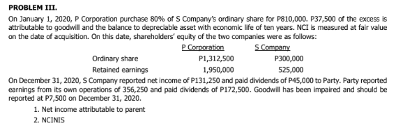 PROBLEM III.
On January 1, 2020, P Corporation purchase 80% of S Company's ordinary share for P810,000. P37,500 of the excess is
attributable to goodwill and the balance to depreciable asset with economic life of ten years. NCI is measured at fair value
on the date of acquisition. On this date, shareholders' equity of the two companies were as follows:
P Corporation
S Company
Ordinary share
P1,312,500
P300,000
Retained earnings
1,950,000
525,000
On December 31, 2020, S Company reported net income of P131,250 and paid dividends of P45,000 to Party. Party reported
earnings from its own operations of 356,250 and paid dividends of P172,500. Goodwill has been impaired and should be
reported at P7,500 on December 31, 2020.
1. Net income attributable to parent
2. NCINIS
