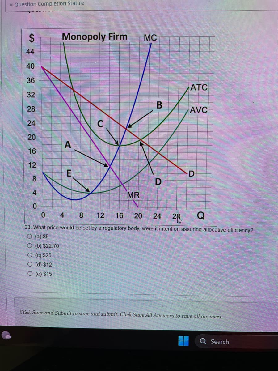 Question Completion Status:
$
OA N8 69
28
24
20
Monopoly Firm
A
E
MR
MC
B
D
ATC
AVC
D
0
4 8 12 16 20 24 28 Q
03. What price would be set by a regulatory body, were it intent on assuring allocative efficiency?
O (a) $5
O (b) $22.70
O (c) $25
O (d) $12
O (e) $15
Click Save and Submit to save and submit. Click Save All Answers to save all answers.
Q Search