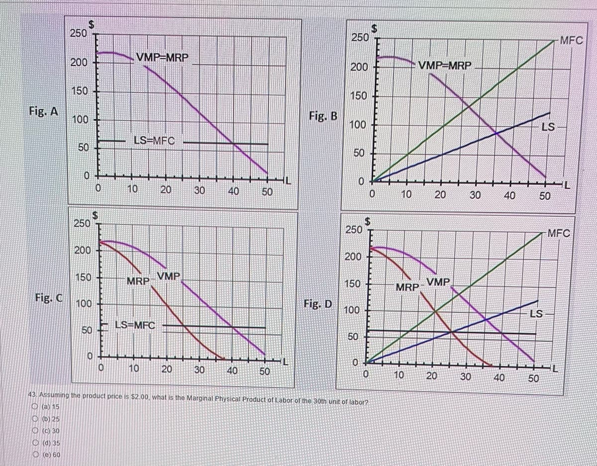 Fig. A
Fig. C
250
$
200
150
100
50
0
250
150
$
200 +
100
O
50
0
10
VMP=MRP
4
LS-MFC
10
MRP
LS=MFC
10
20
VMP
20
30 40
.
30
50
40 50
HL
BL
Fig. B
Fig. D
250
200
150
100
50
0
250
200
150
100
50
CO
0
$
0
0
43. Assuming the product price is $2.00, what is the Marginal Physical Product of Labor of the 30th unit of labor?
O(a) 15
(b) 25
(c) 30
(d) 35
(e) 60
$
10
VMP=MRP
MRP
10
20
VMP
20
30 40
30
40
LS
50
LS
50
MFC
L
1
MFC