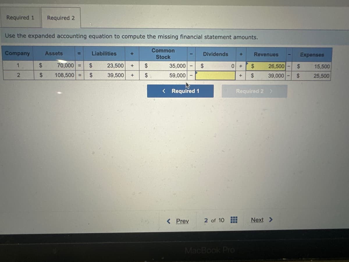 Required 1 Required 2
Use the expanded accounting equation to compute the missing financial statement amounts.
Common
Stock
Company Assets
1
2
$
$
Liabilities
70,000 = $
108,500 = $
+
23,500 +
39,500 +
$
$
35,000
59,000
< Required 1
< Prev
Dividends
$
2 of 10
0 + $
$
MacBook Pro
Revenues
+
26,500
39,000
Required 2 >
Next >
Expenses
$ 15,500
$ 25,500