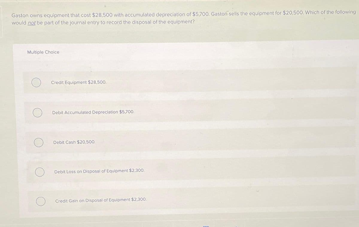 Gaston owns equipment that cost $28,500 with accumulated depreciation of $5,700. Gaston sells the equipment for $20,500. Which of the following
would not be part of the journal entry to record the disposal of the equipment?
Multiple Choice
Credit Equipment $28,500.
Debit Accumulated Depreciation $5,700.
Debit Cash $20,500.
Debit Loss on Disposal of Equipment $2,300.
Credit Gain on Disposal of Equipment $2,300.