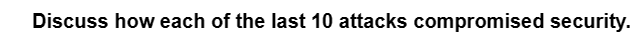 Discuss how each of the last 10 attacks compromised security.