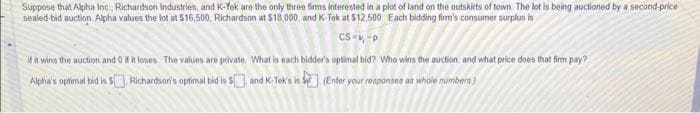 Suppose that Alpha Inc, Richardson Industries, and K-Tek are the only three firms interested in a plot of land on the outskirts of town. The lot is being auctioned by a second-price
sealed-bid auction. Alpha values the lot at $16,500, Richardson at $18,000, and K-Tek at $12,500. Each bidding firm's consumer surplus is
CS=-P
if it wins the auction and 0 if it loses. The values are private. What is each bidder's optimal bid? Who wins the auction, and what price does that firm pay?
Alpha's optimal bid is $. Richardson's optimal bid is 5, and K-Tek's is
(Enter your responses as whole numbers)