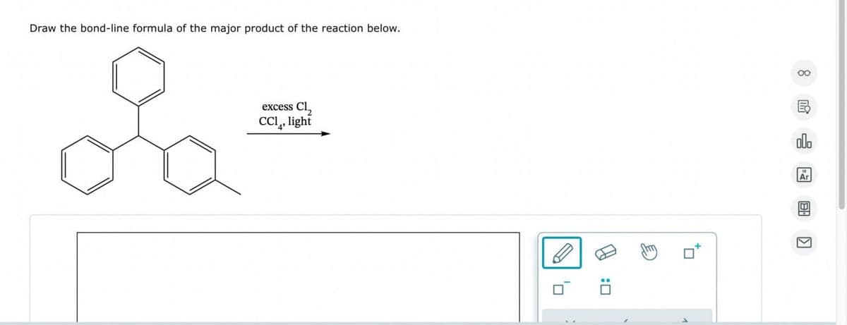 Draw the bond-line formula of the major product of the reaction below.
excess C₁₂
CCl, light
右
odb