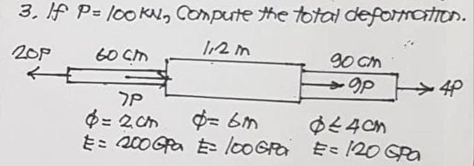 3. If P= 100KN, Compute the total deformation.
112 in
201
60 CM
90 cm
9p
4P
7P
$=2ch
$=6m
644ch
E= 120 GPa
E = 200 GPa = 100 GPO