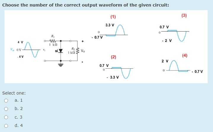 Choose the number of the correct output waveform of the given circuit:
(1)
(3)
3.3 V
0.7 V
R1
- 0.7 V
- 2 V
4 V
1 kn
V. Ov
siV
RL
I kN
(2)
(4)
-4 V
2 V
0.7 V
- 0.7 V
3.3 V
Select one:
а. 1
b. 2
С. 3
d. 4
