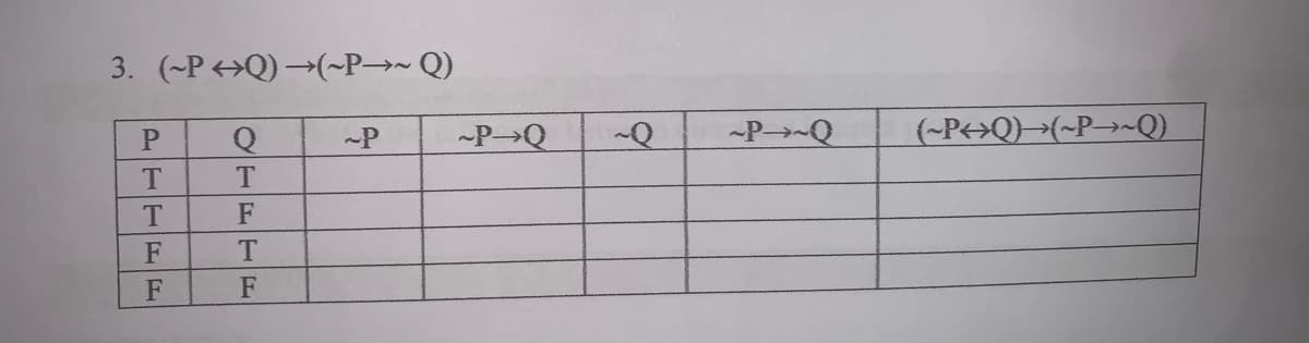 3. (~P<>Q) →(~P→~ Q)
-P
-PQ
-PQ
(-P<>Q}>(-P→~Q)
F
F
F
