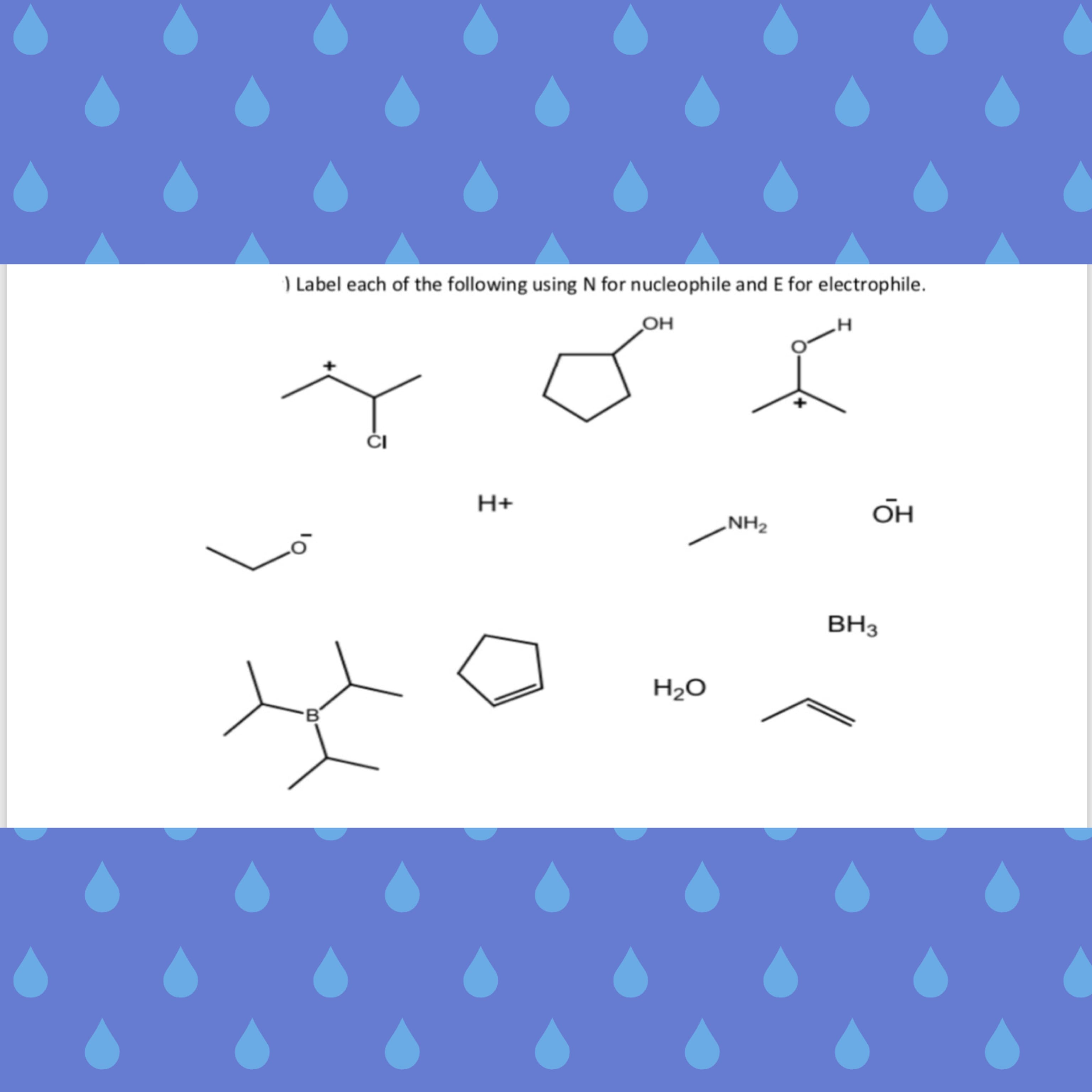 **Classifying Nucleophiles and Electrophiles**

In this exercise, you are tasked to classify the given chemical species by labeling each as either a nucleophile (N) or an electrophile (E). 

**Chemical Structures Presented:**
1. Top row, first structure: A carbon atom bonded to three groups—a chlorine (Cl), a positively charged carbon (C⁺), and a methyl group.
2. Top row, second structure: A cyclic structure with one of the carbons bonded to an alcohol group (OH).
3. Top row, third structure: A carbonyl group (C=O) with a positively charged carbon adjacent to it.
4. Second row, first structure (moving left to right): An ethoxide ion (ethyl group bonded to an oxygen atom with a negative charge).
5. Second row, second structure: A proton (H⁺).
6. Second row, third structure: An amine group (NH₂) bonded to an ethyl group.
7. Second row, fourth structure: A hydroxide ion (OH⁻).
8. Third row, first structure: A borane with three methyl groups and one boron atom.
9. Third row, second structure: A cyclopentadienyl anion.
10. Third row, third structure: A water molecule (H₂O).
11. Third row, fourth structure: A BH₃ molecule (borane).
12. Third row, fifth structure: An ethylene group (a double bond between two carbons, C=C).

When analyzing these structures:
- **Nucleophiles (N):** Species that donate a pair of electrons (e.g., molecules or ions with lone pairs or π bonds).
- **Electrophiles (E):** Species that accept a pair of electrons, typically featuring a region of positive charge or an electron-deficient atom (e.g., carbocations).

**Note:** By determining the electron-rich and electron-poor regions within these structures, you can categorize each species effectively.